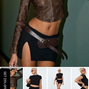 Brown Leather Jacket and Black Mini Skirt